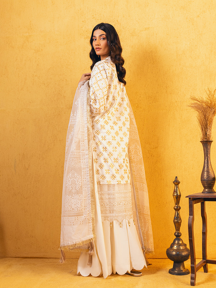 3pc Unstitched - Embroidered Lawn White Suit