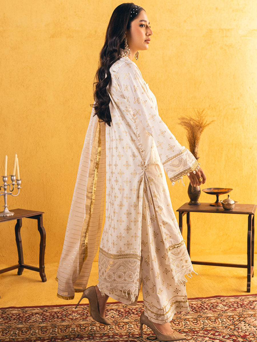 3pc Unstitched - Embroidered Lawn White Suit
