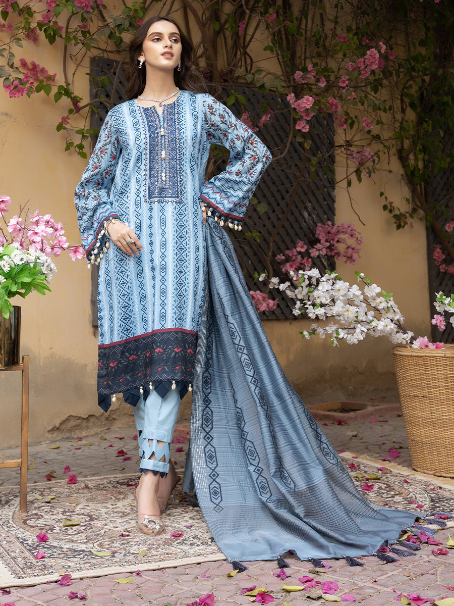 2pc Unstitched - Printed Embroidered Lawn Shirt With Trouser