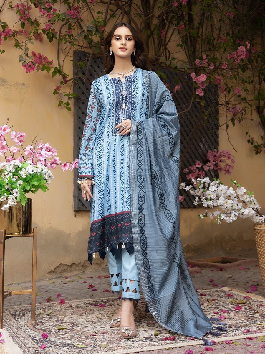3pc Unstitched - Printed Embroidered Lawn Shirt With Screen Printed Fancy Dupatta