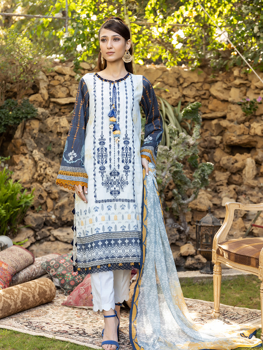 3pc Unstitched - Printed Embroidered Lawn Shirt With Printed Chiffon Dupatta
