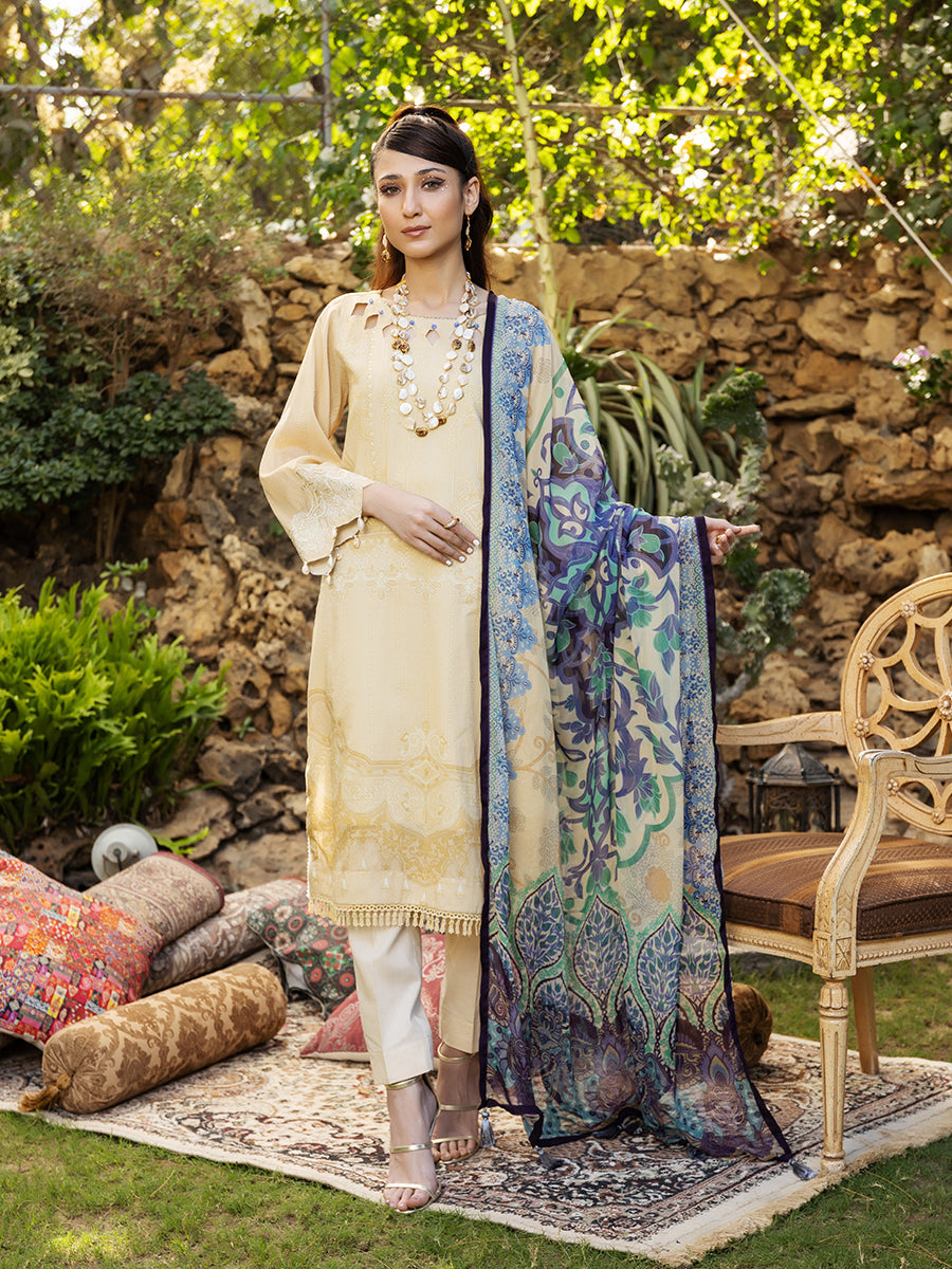 3pc Unstitched - Printed Embroidered Lawn Shirt With Printed Chiffon Dupatta